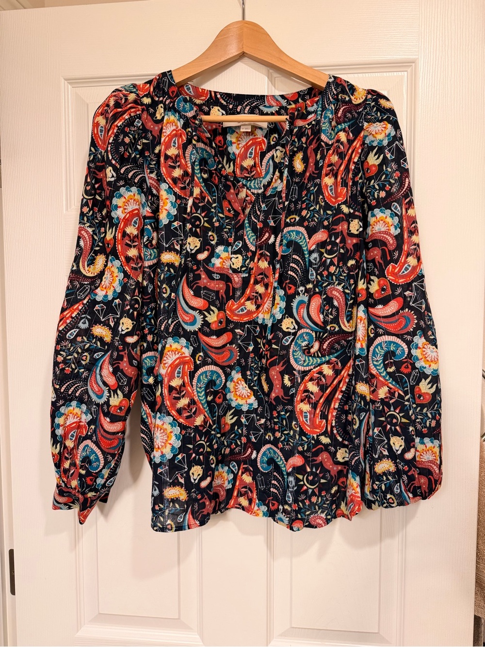 LOFT Black Paisley Print Peasant Blouse with Red & Teal Accents